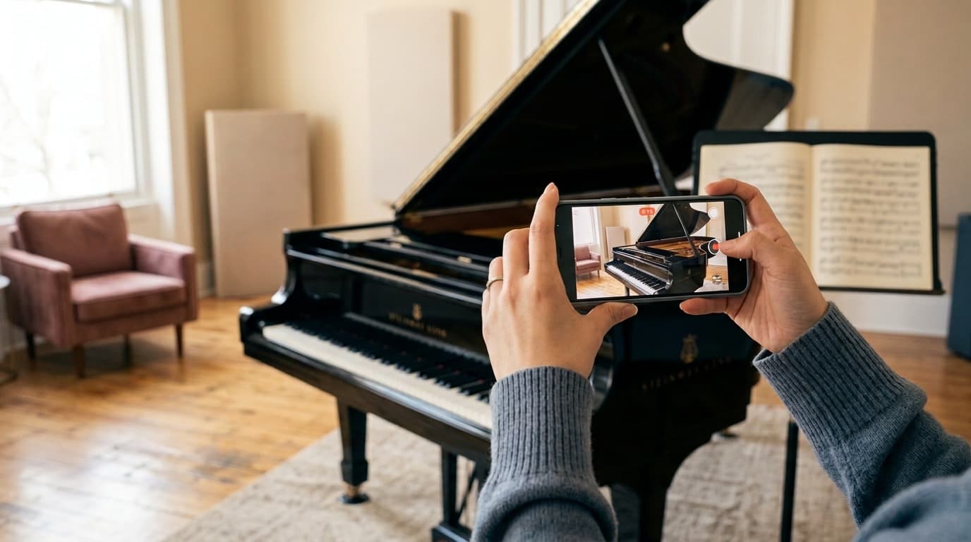スマートフォンでグランドピアノを撮影する手元