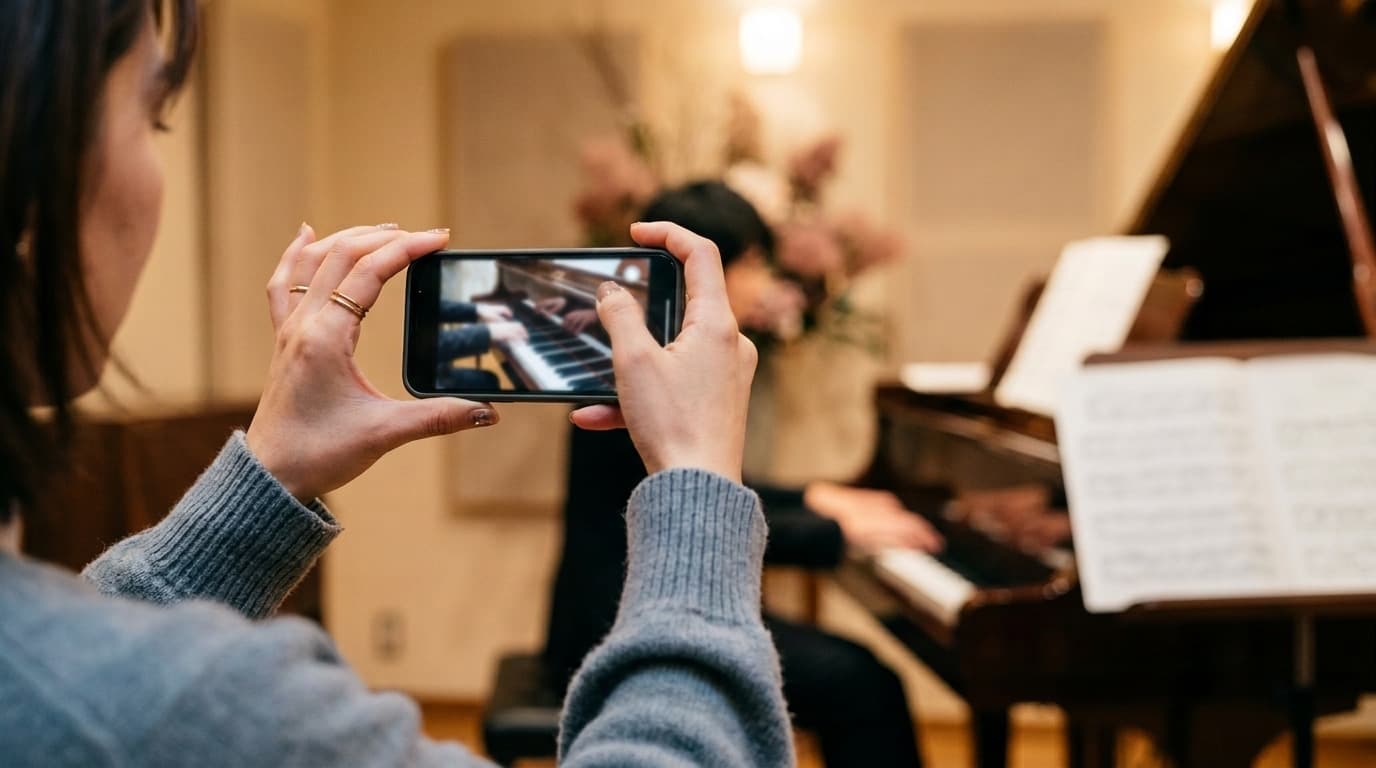 スマートフォンでピアノ演奏を撮影する手元