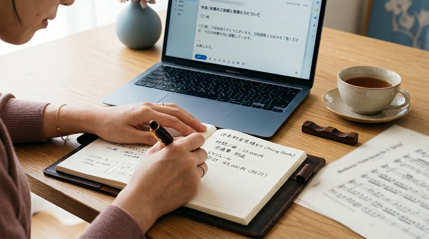 ノートに万年筆で料金を書き込むピアニストの手元