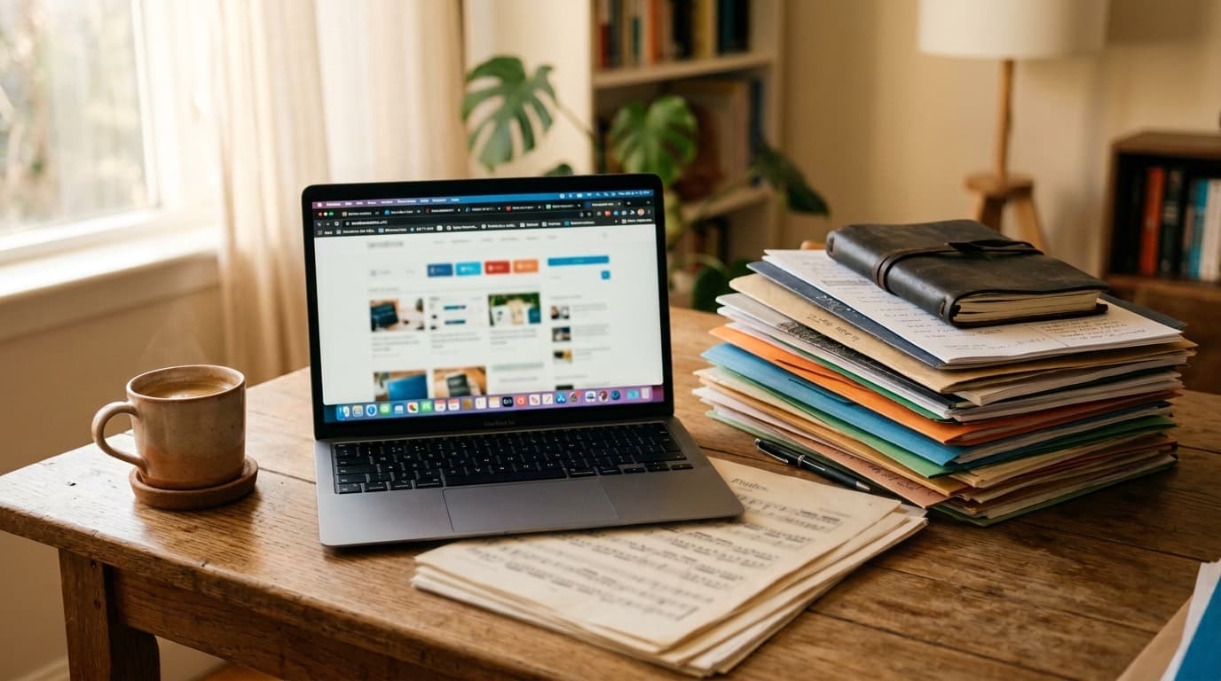 ノートPCに複数タブ、カラフルなフォルダと楽譜が並ぶデスク