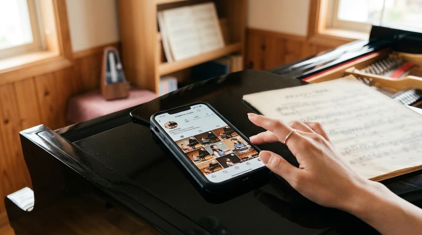 グランドピアノの上でInstagramのプロフィール画面を表示するスマートフォンに手を伸ばす伴奏者