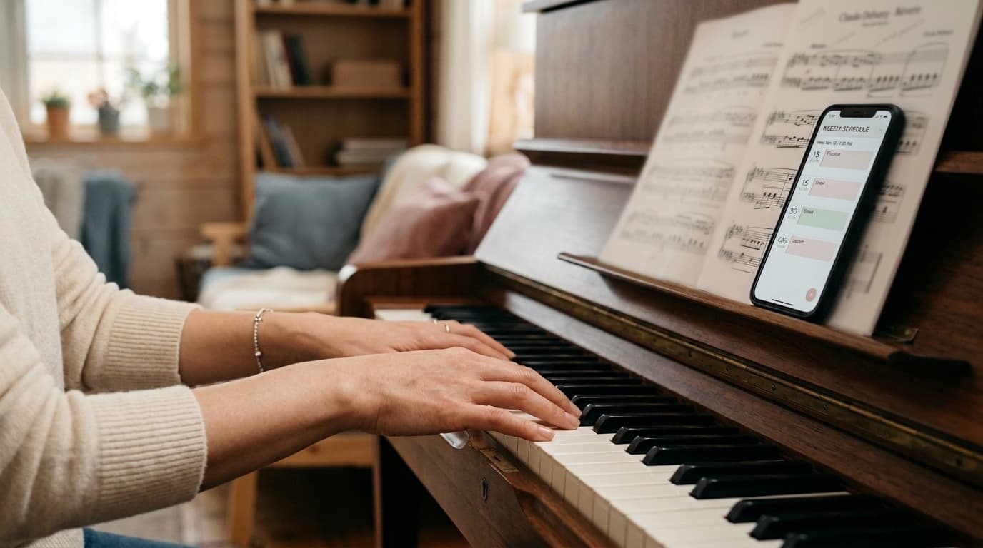 ピアノの鍵盤に手を置きながら譜面台のスマートフォンでスケジュールを確認する伴奏者