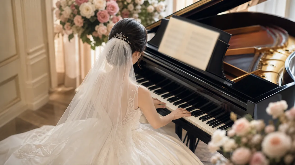 ドレスの裾とピアノペダルの足元クローズアップ