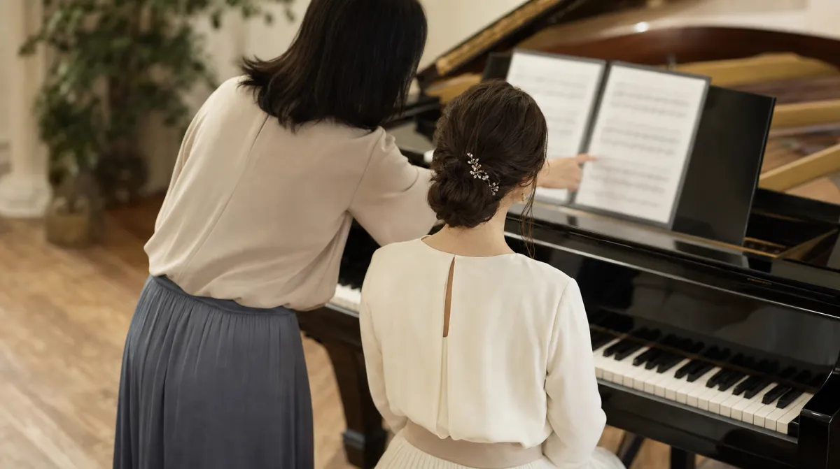 新婦とピアニストが楽譜を見て打ち合わせる手元と後ろ姿
