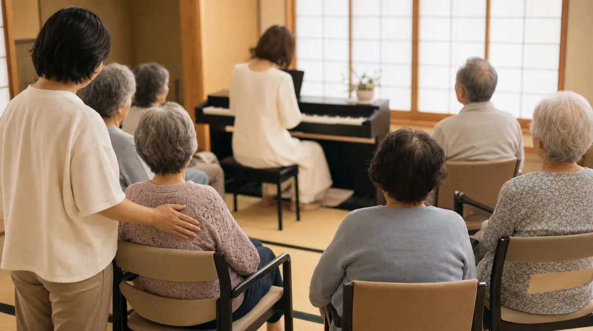 認知症対応型通所介護の和室で利用者が職員と一緒にピアノ演奏を聴いている様子
