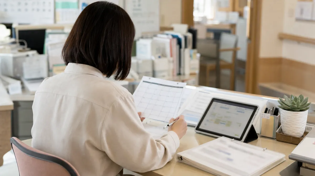 介護施設のレク担当者がデスクで進行表と選曲を確認している手元
