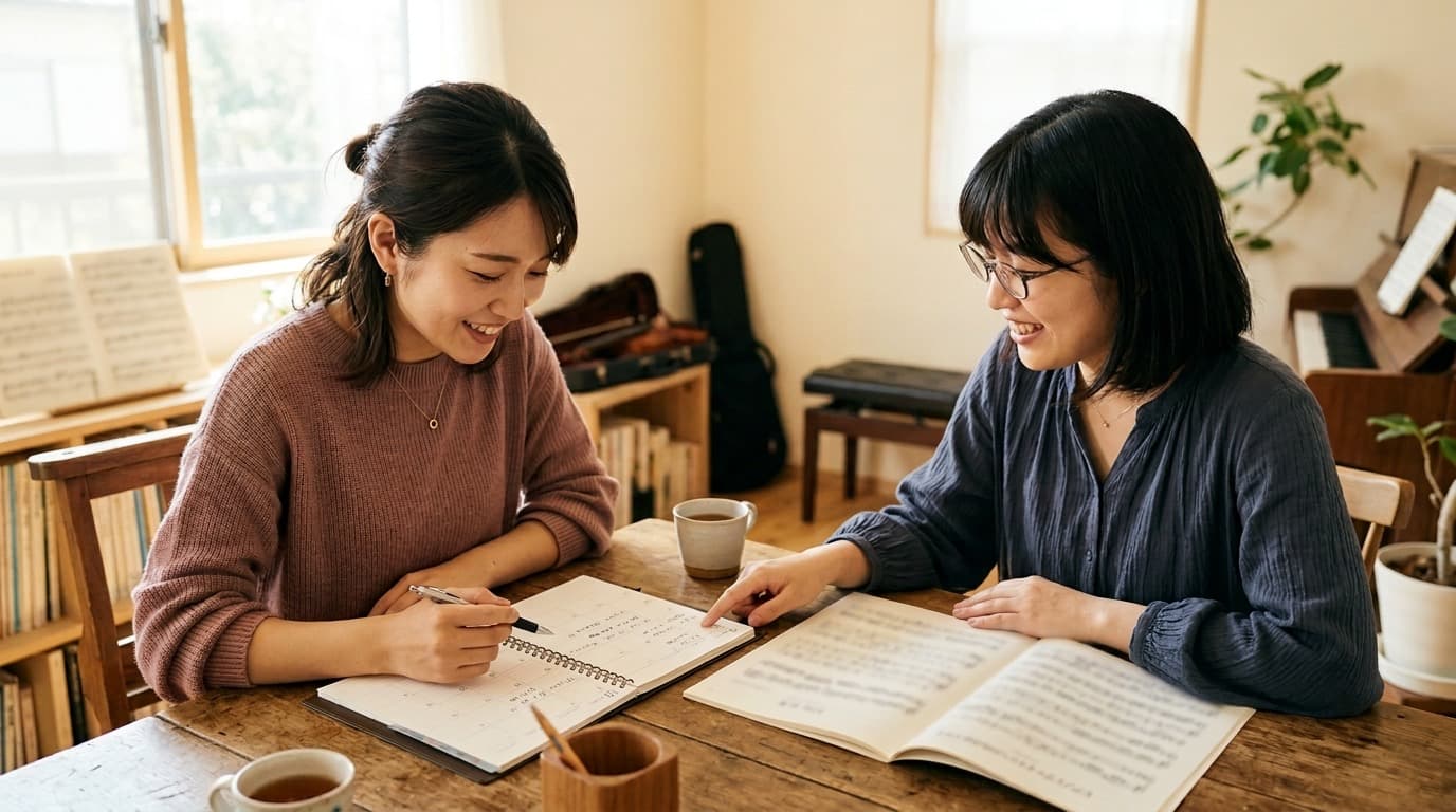 楽譜とノートが置かれたテーブルで打ち合わせをしている様子