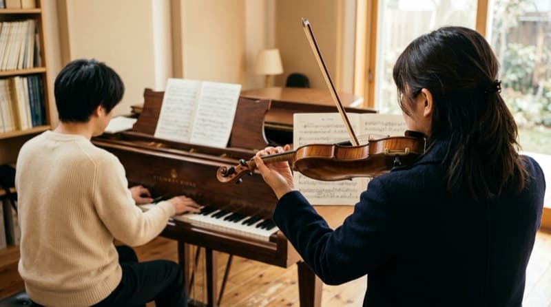 弦楽器奏者とピアニストがリハーサル室で向き合って演奏している様子