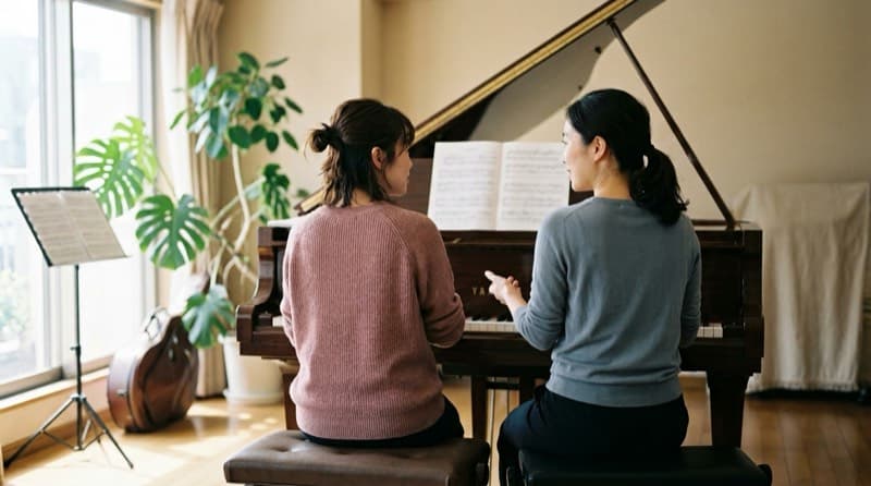 リハーサルスタジオで楽譜を確認しながら打ち合わせをする二人の演奏家