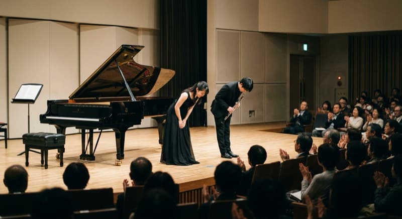 コンサートホールのステージでお辞儀をする演奏者とピアニストの後ろ姿