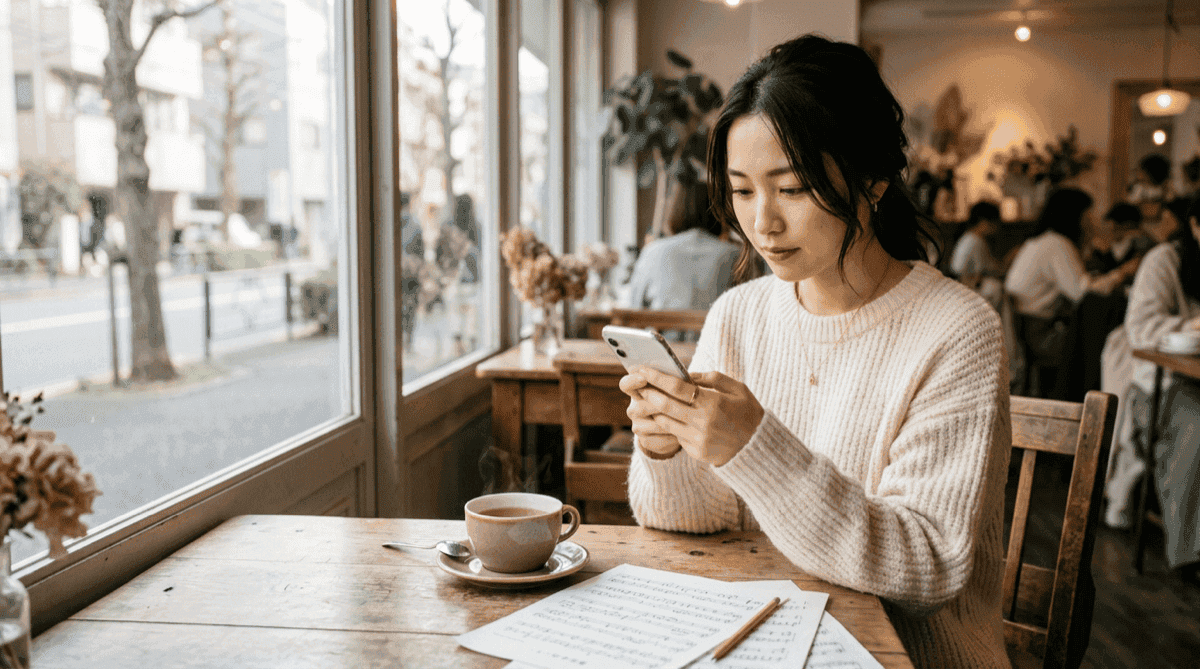 カフェでスマートフォンを使って伴奏者を検索している女性