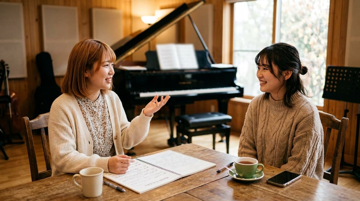 リハーサルスタジオで楽譜を前に打ち合わせをする二人の演奏家