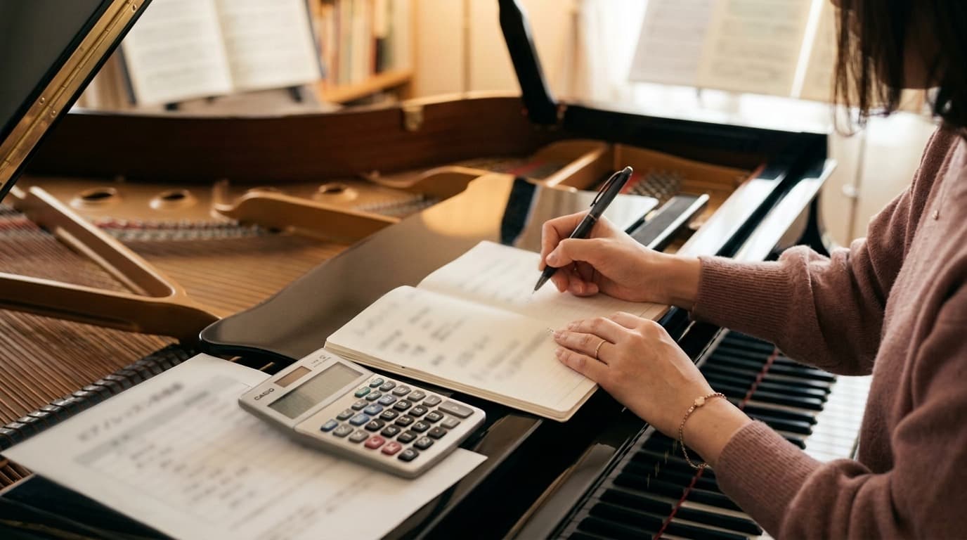 グランドピアノの横で電卓とノートを使いながら費用を計算している様子