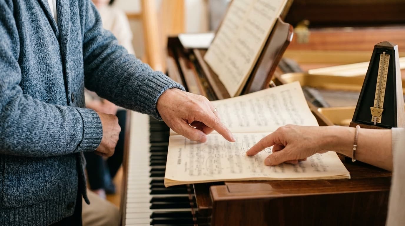 楽譜を指さしながら相談する二人の手元
