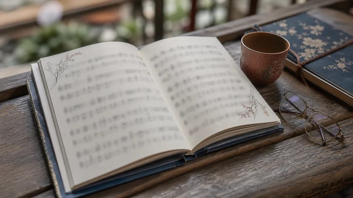 楽譜と眼鏡・お茶のセットの打合せシーン