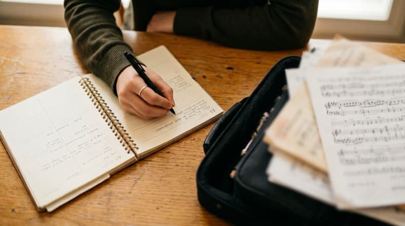 ノートに準備スケジュールを書き込んでいる手元の様子