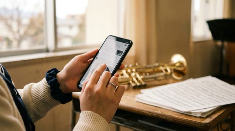 スマートフォンで伴奏者を検索している手元の様子